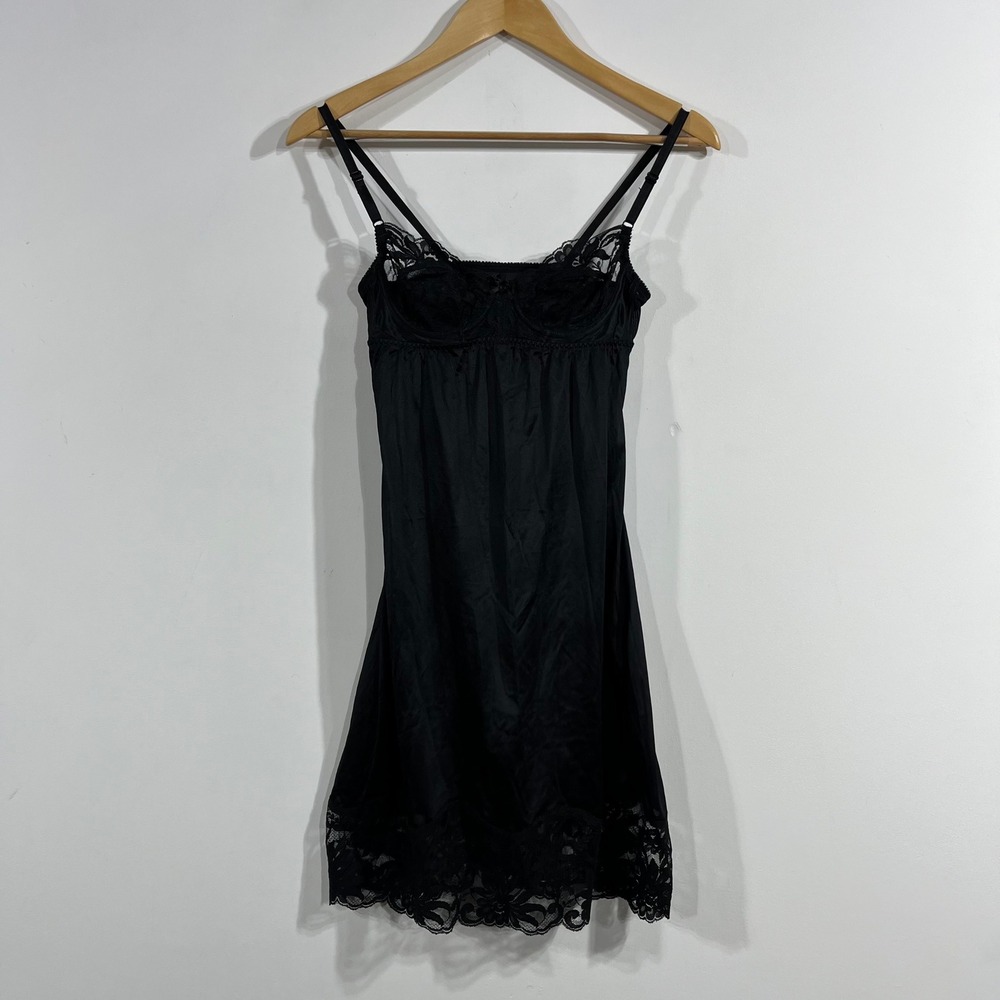 Cecile Y2K VTG Black Lace Satin Slip Dress Fairy Grunge Witchy Dark Romantic